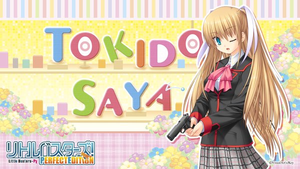 Anime picture 1920x1080 with little busters! key (studio) tokido saya na-ga long hair highres blue eyes blonde hair wide image one eye closed wink inscription wallpaper girl ribbon (ribbons) weapon hair ribbon gun