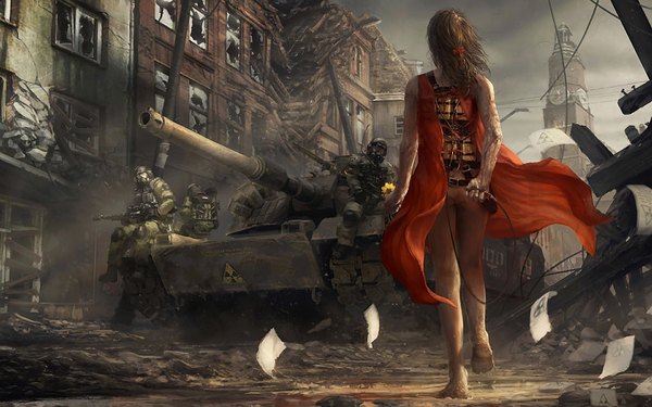 Anime picture 1920x1200 with original omen2501 highres light erotic brown hair wide image ass barefoot from behind realistic multiple boys tattoo back city ruins injury destruction military jpeg artifacts dirty