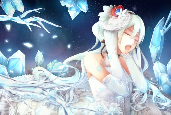 Anime picture 1184x800 with vocaloid hatsune miku long hair open mouth white hair eyes closed singing girl dress gloves elbow gloves crown crystal