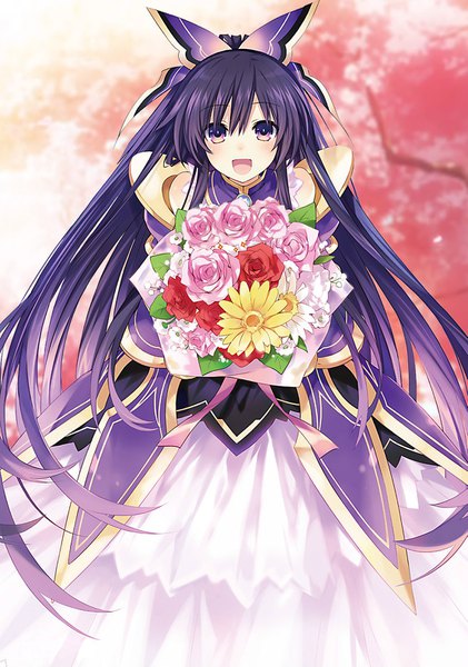 Anime picture 1109x1582 with date a live yatogami tooka tsunako single tall image looking at viewer blush fringe open mouth hair between eyes purple eyes purple hair ponytail very long hair blurry cherry blossoms happy girl dress flower (flowers)