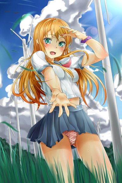 Anime picture 1200x1800 with ore no imouto ga konna ni kawaii wake ga nai kousaka kirino kukkumann long hair tall image blush open mouth light erotic blonde hair green eyes cloud (clouds) nail polish girl skirt underwear panties plant (plants) miniskirt serafuku grass