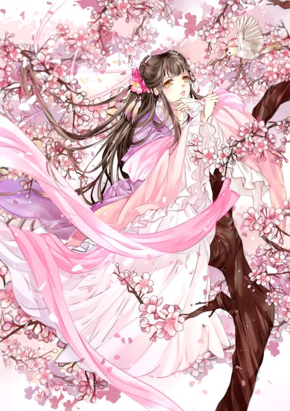 Anime picture 2480x3507 with original tsuna2727 single long hair tall image blush fringe highres brown hair sitting yellow eyes looking away traditional clothes parted lips japanese clothes hair flower cherry blossoms girl hair ornament flower (flowers)