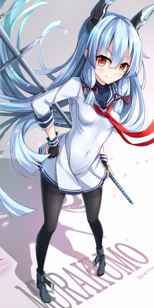 Anime picture 846x1683 with kantai collection murakumo destroyer rin yuu single tall image looking at viewer blush fringe smile standing brown eyes blue hair silver hair very long hair wind grey background shadow leaning leaning forward character names
