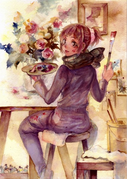 Anime picture 2900x4094 with original tamachi kuwa single tall image highres smile brown hair sitting tail looking back from behind back traditional media watercolor (medium) painting girl flower (flowers) scarf picture paintbrush