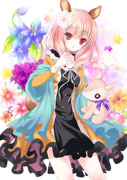 Anime picture 1000x1412 with original shiwasu horio single long hair tall image looking at viewer red eyes animal ears pink hair girl dress flower (flowers) toy stuffed animal