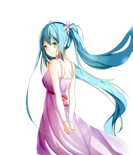 Anime picture 1010x1171 with yu yu zhi single tall image looking at viewer blush breasts simple background smile white background green eyes very long hair looking back hair flower aqua hair sleeveless hands behind back girl dress hair ornament flower (flowers)