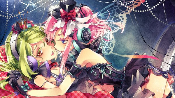Anime picture 1000x563 with vocaloid magnet (vocaloid) siting zeng long hair blush short hair open mouth blue eyes red eyes wide image bare shoulders multiple girls looking away pink hair green hair holding hands shoujo ai girl thighhighs gloves