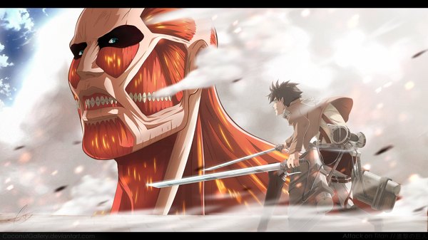 Anime picture 3840x2160 with shingeki no kyojin production i.g eren yaeger bertolt hoover colossal titan coconutgallery highres short hair blue eyes black hair wide image holding absurdres sky cloud (clouds) grin coloring letterboxed smoke dual wielding