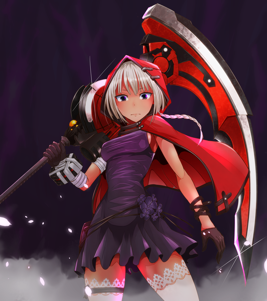 Anime picture 1127x1271 with god eater 2 onio single long hair tall image looking at viewer breasts purple eyes white hair braid (braids) dark skin dark background glow fog girl thighhighs dress gloves flower (flowers) weapon