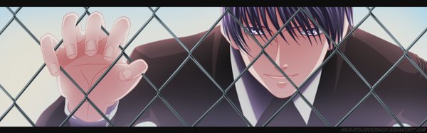 Anime picture 2000x628 with goth (manga) holy-red-cockroach single short hair smile wide image purple eyes sky purple hair boy suit fence