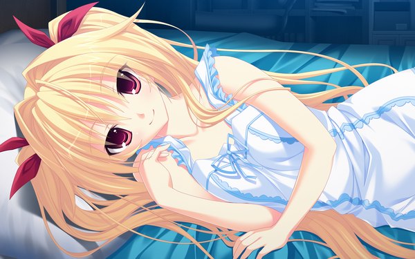 Anime picture 1280x800 with zutto tsukushite ageru no! kousaka otohime single long hair looking at viewer blush blonde hair smile red eyes wide image twintails game cg lying loli on side girl pillow bed sundress