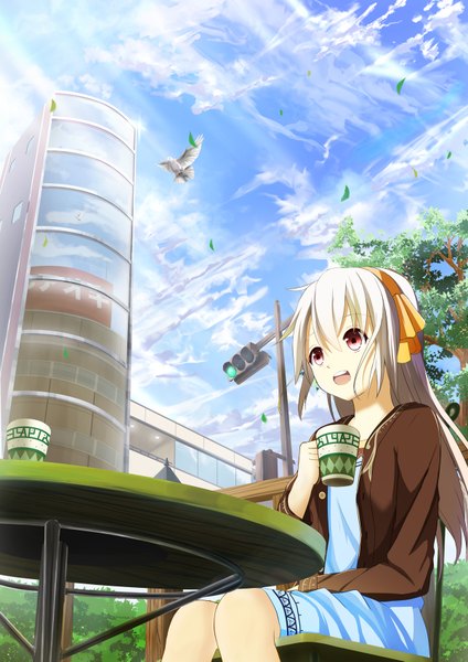 Anime picture 1200x1697 with original tree-raim long hair tall image open mouth red eyes sitting sky cloud (clouds) white hair girl dress plant (plants) animal tree (trees) bird (birds) tower pigeon traffic lights