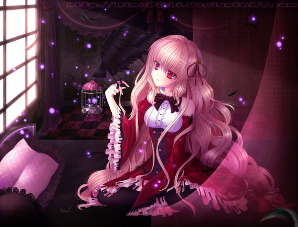 Anime picture 2000x1524 with rimapichi single highres red eyes pink hair very long hair :o checkered floor girl dress ribbon (ribbons) hair ribbon detached sleeves animal pantyhose frills window bowtie pillow bird (birds)