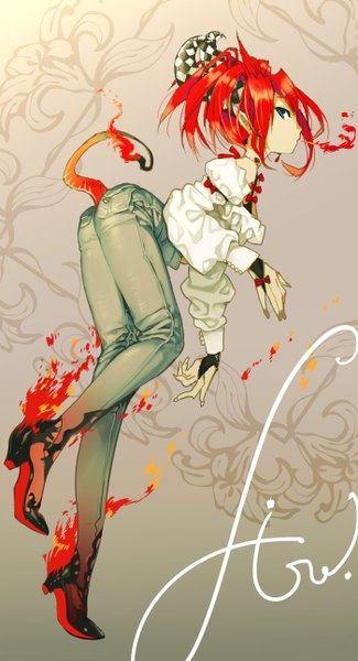Anime picture 700x1290 with original isaki uta single long hair tall image looking at viewer blue eyes red hair tail horn (horns) high heels floral print girl shirt white shirt fire
