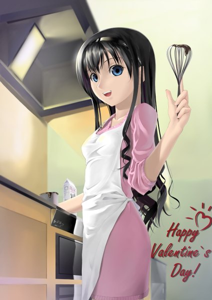Anime picture 2000x2828 with amagami morishima haruka okingjo single long hair tall image looking at viewer highres open mouth blue eyes black hair standing signed indoors dated valentine girl food sweets headband