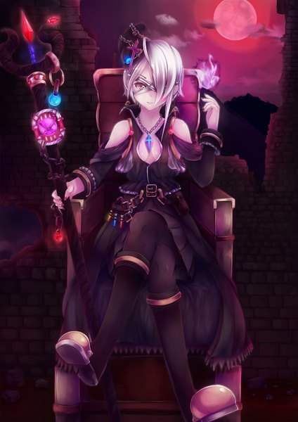 Anime picture 1013x1432 with original sawa nao single tall image short hair sitting bare shoulders silver hair pink eyes crossed legs red moon girl dress hat boots pendant moon eyepatch staff