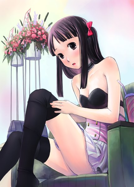 Anime picture 2646x3679 with original hidari kagetora single long hair tall image looking at viewer blush highres open mouth brown eyes purple hair legs girl thighhighs skirt flower (flowers) bow black thighhighs hair bow