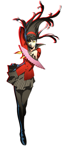 Anime picture 700x1495 with persona 4 persona amagi yukiko soejima shigenori single long hair tall image looking at viewer black hair standing holding yellow eyes full body pleated skirt wind outstretched arm arm behind head transparent background girl thighhighs