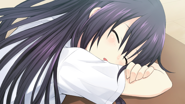 Anime picture 1280x720 with date a live yatogami tooka long hair wide image game cg purple hair eyes closed sleeping girl shirt