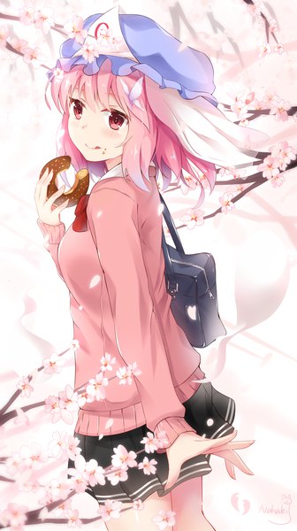 Anime picture 1120x2000 with touhou saigyouji yuyuko nahaki single tall image blush fringe short hair smile signed looking away pink hair long sleeves pleated skirt pink eyes wind cherry blossoms eating :q licking