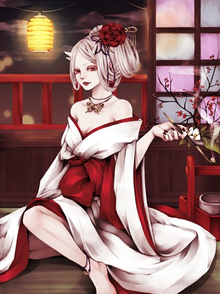 Anime picture 800x1067 with original nejimaki oz single tall image looking at viewer short hair red eyes bare shoulders cleavage white hair nail polish traditional clothes parted lips hair flower horn (horns) bare legs smoke oni horns girl hair ornament