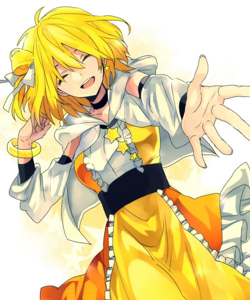 Anime picture 1000x1200 with kagerou project shaft (studio) kisaragi momo minaduki0038 single tall image short hair open mouth simple background blonde hair white background ponytail eyes closed side ponytail girl dress detached sleeves earrings star (symbol)
