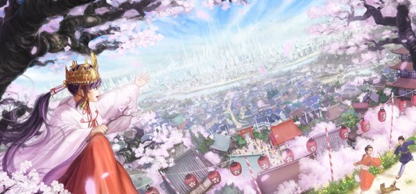 Anime picture 3750x1750 with original makkou 4 long hair highres open mouth brown hair wide image sitting purple eyes multiple girls sky purple hair bent knee (knees) traditional clothes japanese clothes open clothes hair bun (hair buns) cherry blossoms city cityscape