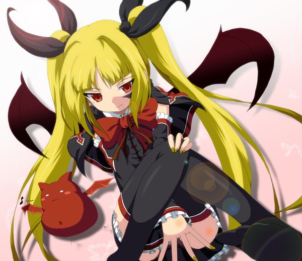 Anime picture 1688x1461 with blazblue rachel alucard gii dr. cryptoso single long hair simple background blonde hair red eyes twintails loli demon girl thighhighs black thighhighs wings