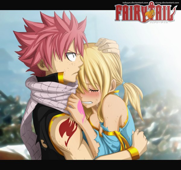 Anime picture 1100x1034 with fairy tail lucy heartfilia natsu dragneel natilokijung long hair short hair blonde hair pink hair sky cloud (clouds) ponytail eyes closed profile sunlight inscription grey eyes tattoo hug tears coloring
