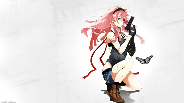 Anime picture 1920x1080 with vocaloid megurine luka highres blue eyes wide image white background pink hair girl weapon boots gun insect butterfly headband