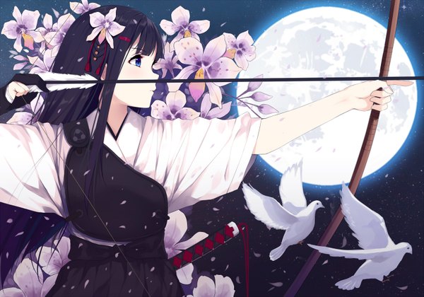 Anime picture 1500x1050 with original caidychen single long hair blue eyes black hair looking away traditional clothes japanese clothes hair flower girl hair ornament flower (flowers) animal petals bird (birds) moon pigeon