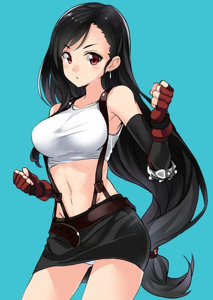 Anime picture 600x847 with final fantasy final fantasy vii square enix tifa lockhart mirai denki single long hair tall image looking at viewer fringe breasts light erotic black hair simple background red eyes large breasts standing head tilt armpit (armpits) midriff