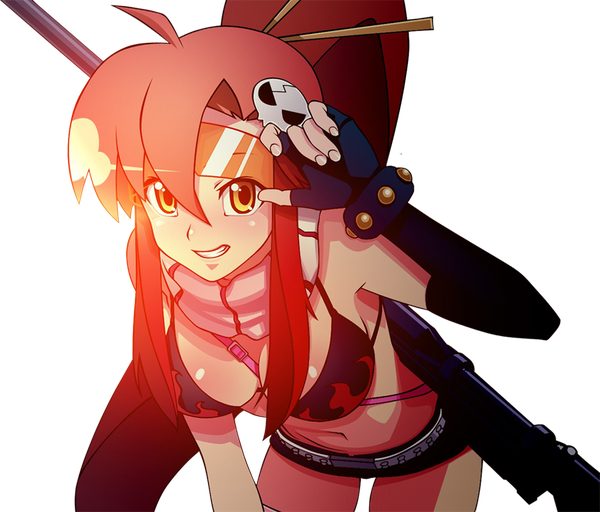 Anime picture 1000x854 with tengen toppa gurren lagann gainax yoko littner single long hair looking at viewer fringe breasts light erotic standing yellow eyes ahoge ponytail leaning leaning forward grin transparent background girl gloves navel