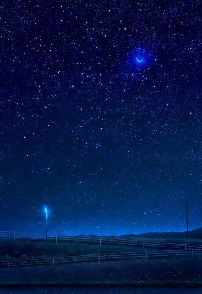 Anime picture 1042x1514 with original mks tall image no people scenic crescent plant (plants) insect moon star (stars) grass railing power lines lamppost fireflies bushes