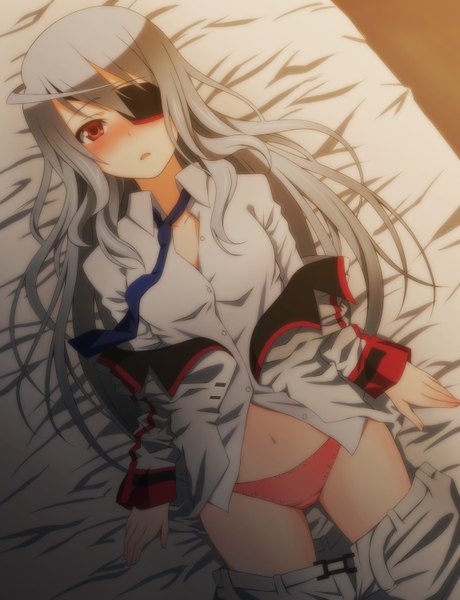 Anime picture 1150x1500 with infinite stratos 8bit laura bodewig laco soregashi single long hair tall image blush light erotic red eyes silver hair lying grey hair girl navel underwear panties shirt necktie eyepatch