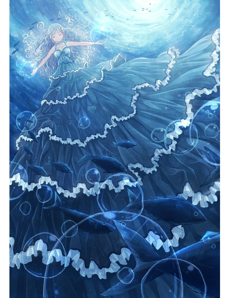 Anime picture 1000x1300 with original yakka long hair tall image silver hair eyes closed wavy hair spread arms underwater curly hair girl dress frills sea pendant bubble (bubbles) fish (fishes) beads blue dress