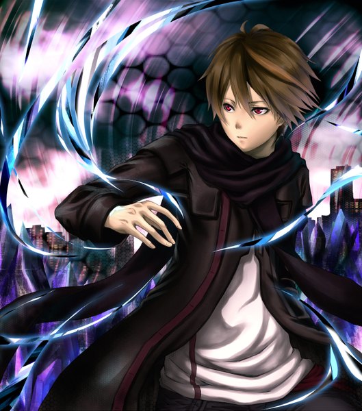 Anime picture 2500x2837 with guilty crown production i.g ouma shu single tall image highres short hair red eyes brown hair looking away boy scarf cloak
