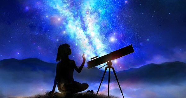 Anime picture 1920x1020 with original 00 single long hair highres wide image sitting full body outdoors arm up night arm support night sky reflection looking up horizon mountain scenic silhouette milky way