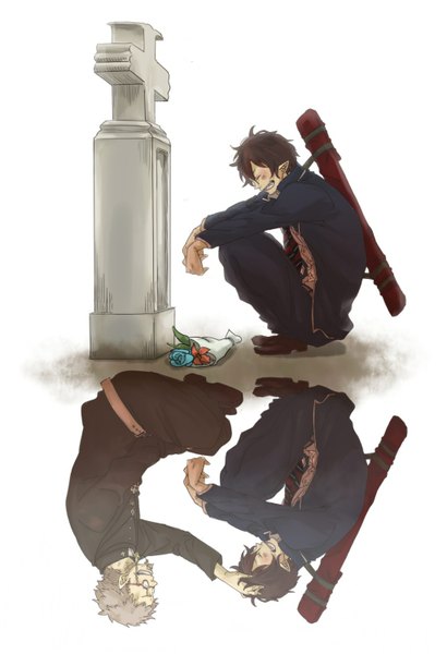 Anime picture 1024x1496 with ao no exorcist a-1 pictures okumura rin fujimoto shirou tall image blush short hair black hair silver hair eyes closed pointy ears different reflection boy uniform flower (flowers) weapon school uniform glasses grave