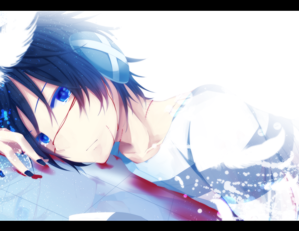 Anime picture 1200x928 with original bloodcatblack (tsukiko) single short hair blue eyes black hair lying nail polish dutch angle tears light reflection letterboxed scar blood on face boy headphones blood tiles stitches