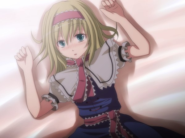 Anime picture 1600x1200 with touhou alice margatroid s-syogo single looking at viewer blush short hair blue eyes blonde hair arms up girl dress frills hairband