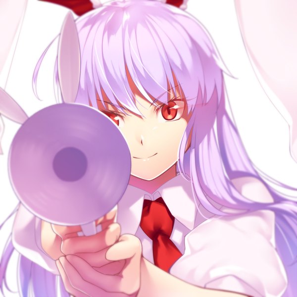 Anime picture 850x850 with touhou reisen udongein inaba kaiza (rider000) single long hair looking at viewer fringe simple background smile red eyes white background holding animal ears purple hair upper body short sleeves bunny ears puffy sleeves fake animal ears girl