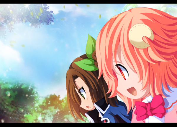 Anime picture 4020x2880 with choujigen game neptune if (choujigen game neptune) compa salim202 highres short hair open mouth smile brown hair multiple girls green eyes pink hair absurdres sky cloud (clouds) ponytail profile sunlight orange eyes coloring