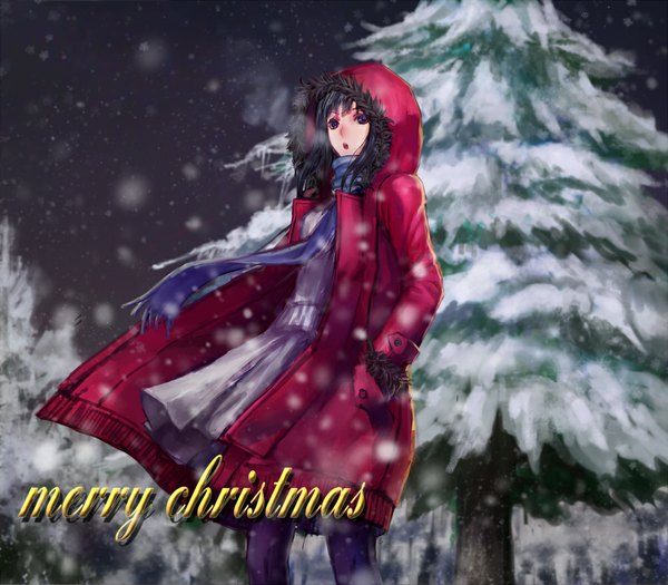 Anime picture 1000x875 with original infukun single short hair open mouth black hair wind black eyes snowing christmas winter exhalation merry christmas girl dress plant (plants) tree (trees) scarf fur coat