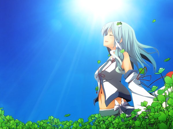 Anime picture 1600x1200 with touhou kochiya sanae blue hair sky eyes closed girl navel plant (plants) detached sleeves sun clover (plant)
