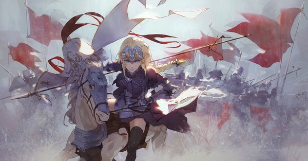 Anime picture 1900x993 with fate (series) fate/apocrypha jeanne d'arc (fate) (all) jeanne d'arc (fate) kuroduki (pieat) long hair looking at viewer highres blue eyes light erotic blonde hair smile wide image sitting payot braid (braids) sunlight zettai ryouiki solo focus knight