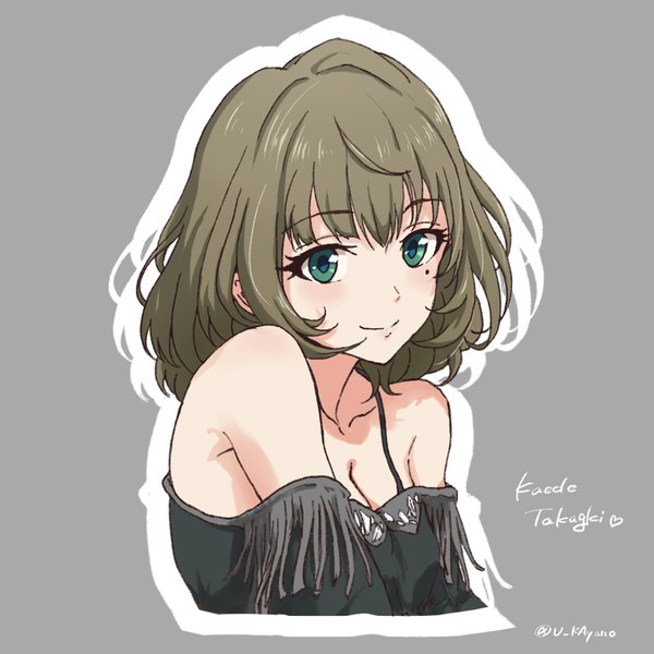 Anime picture 1024x1024 with idolmaster idolmaster cinderella girls takagaki kaede ayano yuu (sonma 1426) single fringe short hair simple background smile brown hair bare shoulders green eyes signed cleavage upper body grey background mole character names mole under eye twitter username