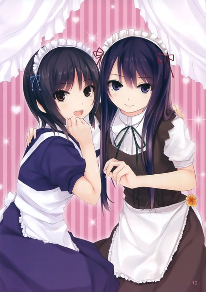 Anime picture 2320x3300 with original aoyama sumika shiramine rika coffee-kizoku long hair tall image looking at viewer highres short hair open mouth blue eyes black hair smile multiple girls brown eyes scan maid girl dress uniform