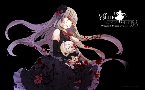 Anime picture 1920x1200 with vocaloid mayu (vocaloid) usano mimi yuuki kira single long hair highres smile wide image bare shoulders yellow eyes inscription black background looking down lolita fashion goth-loli girl dress gloves hair ornament