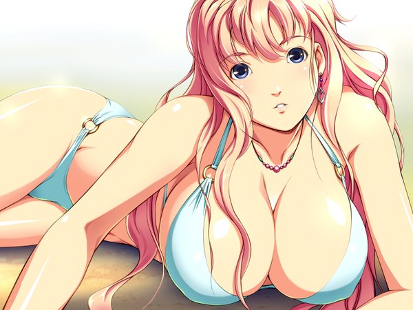 Anime picture 1440x1080 with macross macross frontier sheryl nome dragon@harry breasts light erotic white background pink hair huge breasts girl swimsuit bikini